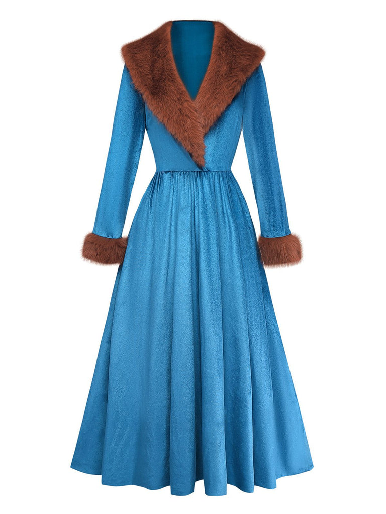 Blue 1980s Fur Collar Patchwork Maxi Dress - vintage dress, retro fashion