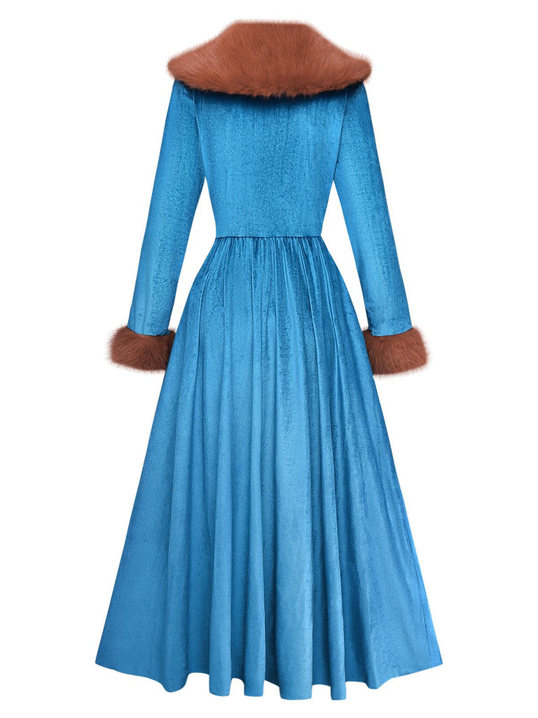 Blue 1980s Fur Collar Patchwork Maxi Dress - vintage dress, retro fashion