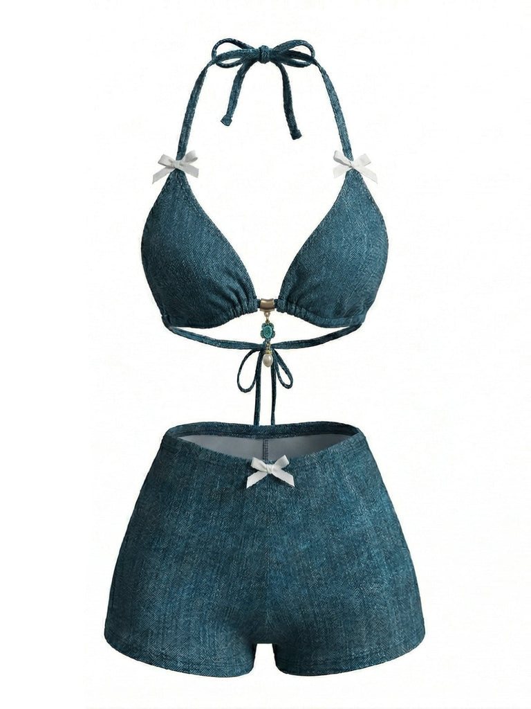 Blue 1980s Halter Beaded Denim Bow Bikini Set, vintage swimsuit, pin-up swimwear - perfect for women who love vintage and retro fashion