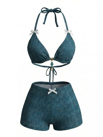 Blue 1980s Halter Beaded Denim Bow Bikini Set, vintage swimsuit, pin-up swimwear - perfect for women who love vintage and retro fashion