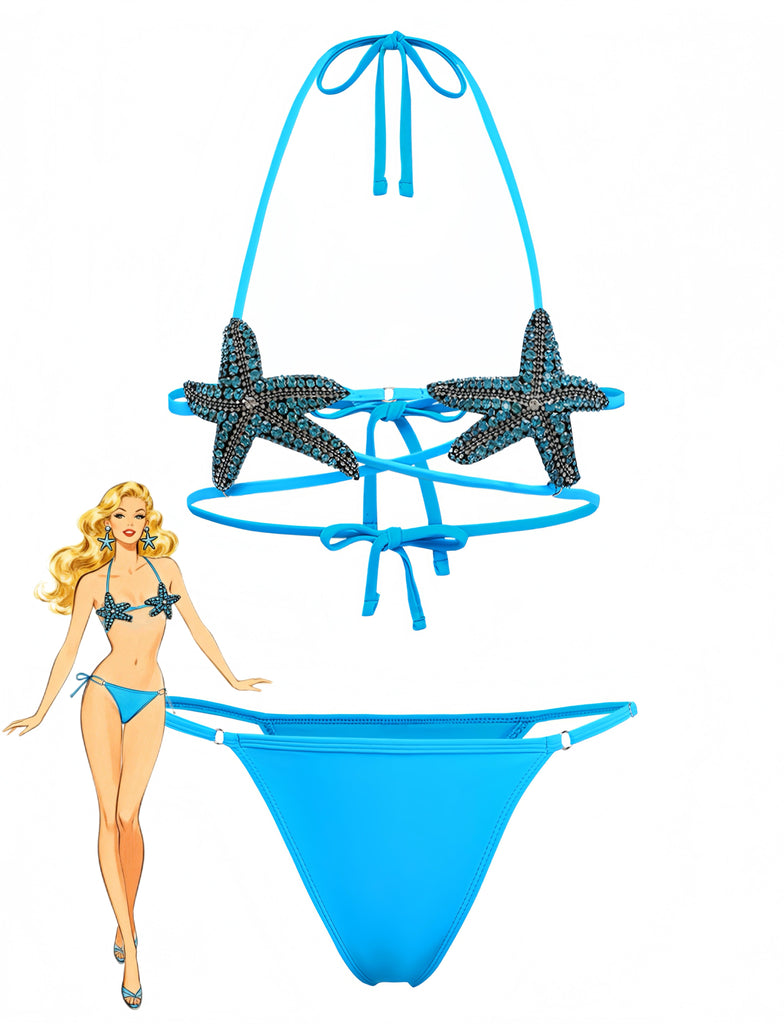 Blue 1980s Halter Starfish Bikini Set - vintage fashion, retro style