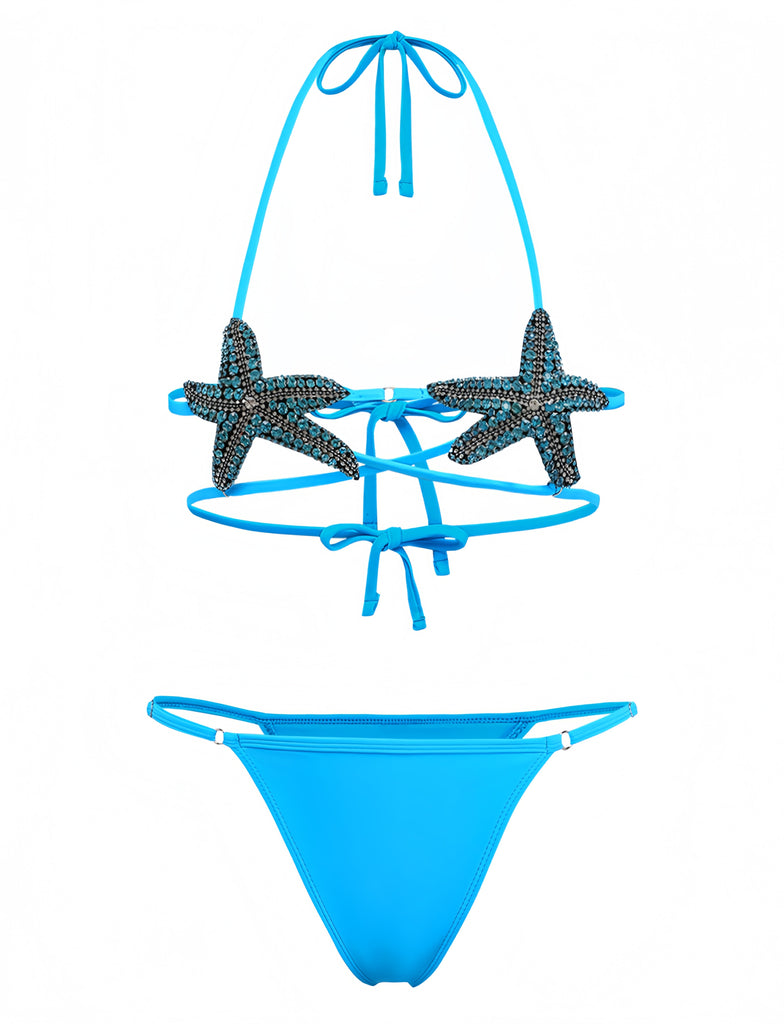 Blue 1980s Halter Starfish Bikini Set - vintage fashion, retro style
