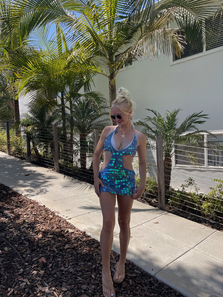 Blue 1980s Sequin Deep V-Neck Backless Beach Cover Up, bohemian cover up, beach wear - perfect for women who love vintage and retro fashion