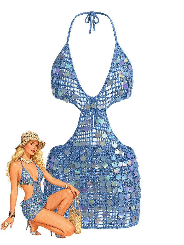 Blue 1980s Sequin Deep V-Neck Backless Beach Cover Up - vintage fashion, retro style, classic elegance for vintage lovers