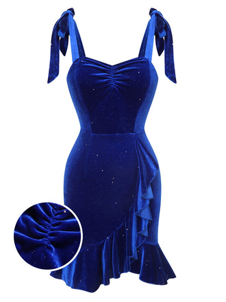 Blue 1980s Solid Ruffle Hem Velvet Dress, vintage dress, retro fashion - perfect for women who love vintage and retro fashion