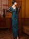 Blue Green 1920s Sequin Beads V-Neck Maxi Dress - vintage dress, retro fashion, Gatsby party