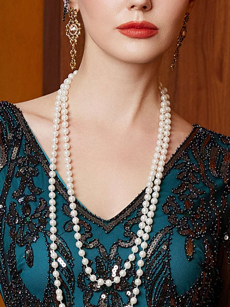 Blue Green 1920s Sequin Beads V-Neck Maxi Dress - vintage dress, retro fashion, Gatsby party