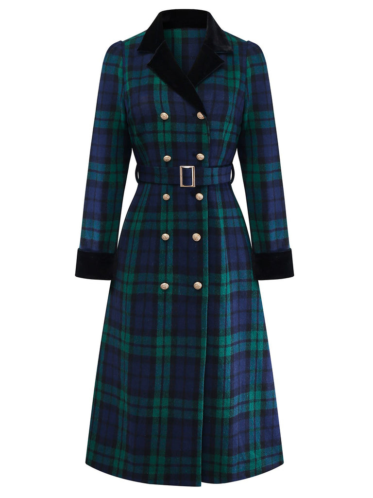 Blue & Green 1940s Plaid Notched Collar Coat - vintage fashion, retro style