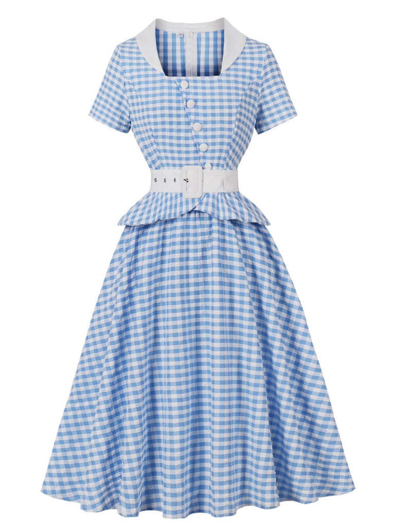 Blue 1950s Plaid Ruffle Swing Dress