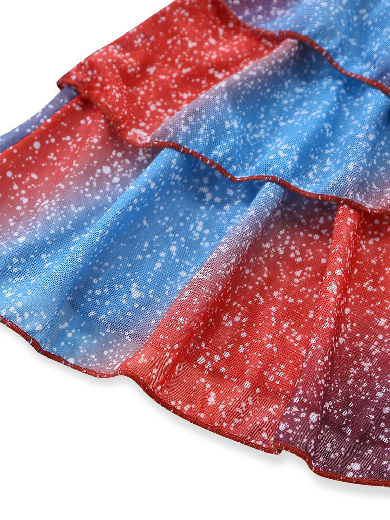 Blue & Red 1950s Gradient Glitter Halter Skirt Swimsuit Set - vintage skirt, retro style, swing skirt for vintage lovers