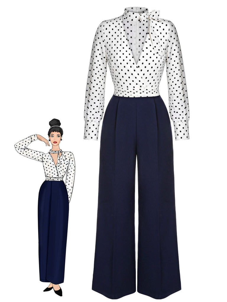 Blue & White 1930s Polka Dots Tie Neck Jumpsuit: timeless 1930s elegance she makes her own