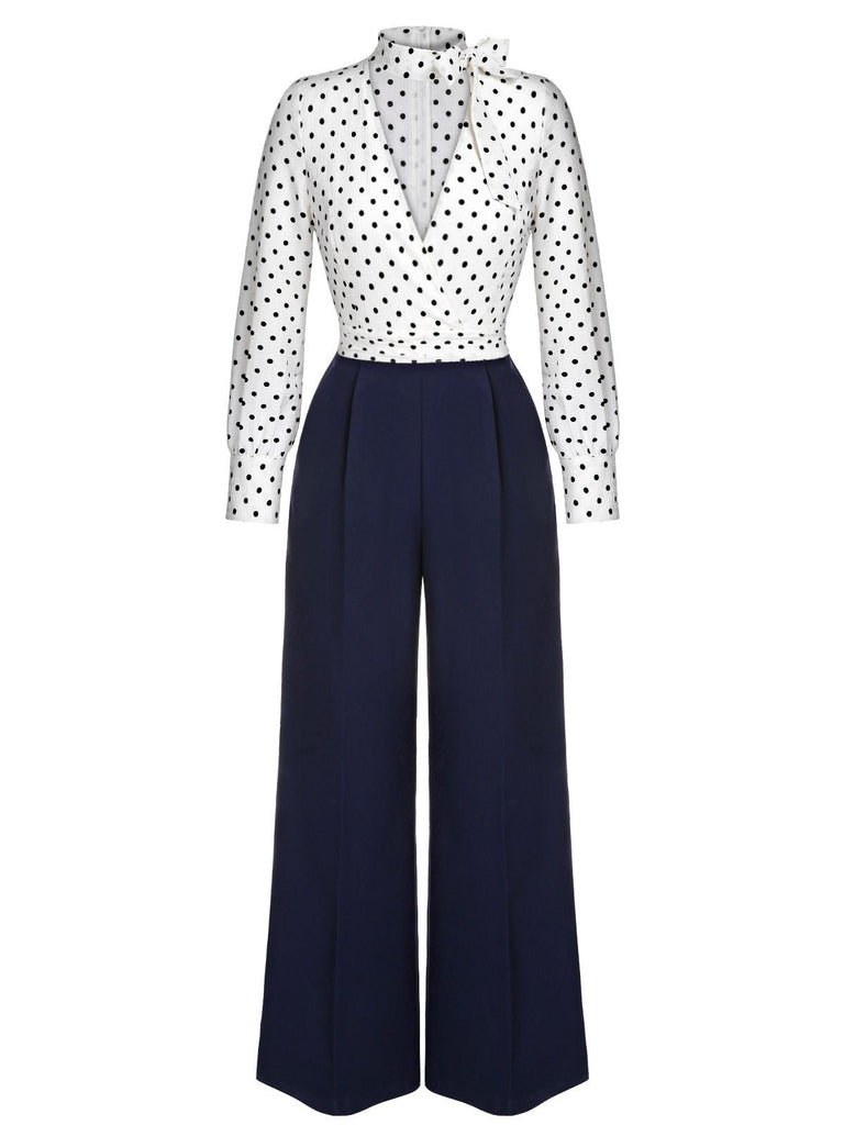 This Blue & White 1930s Polka Dots Tie Neck Jumpsuit whispers 1930s secrets to those who notice