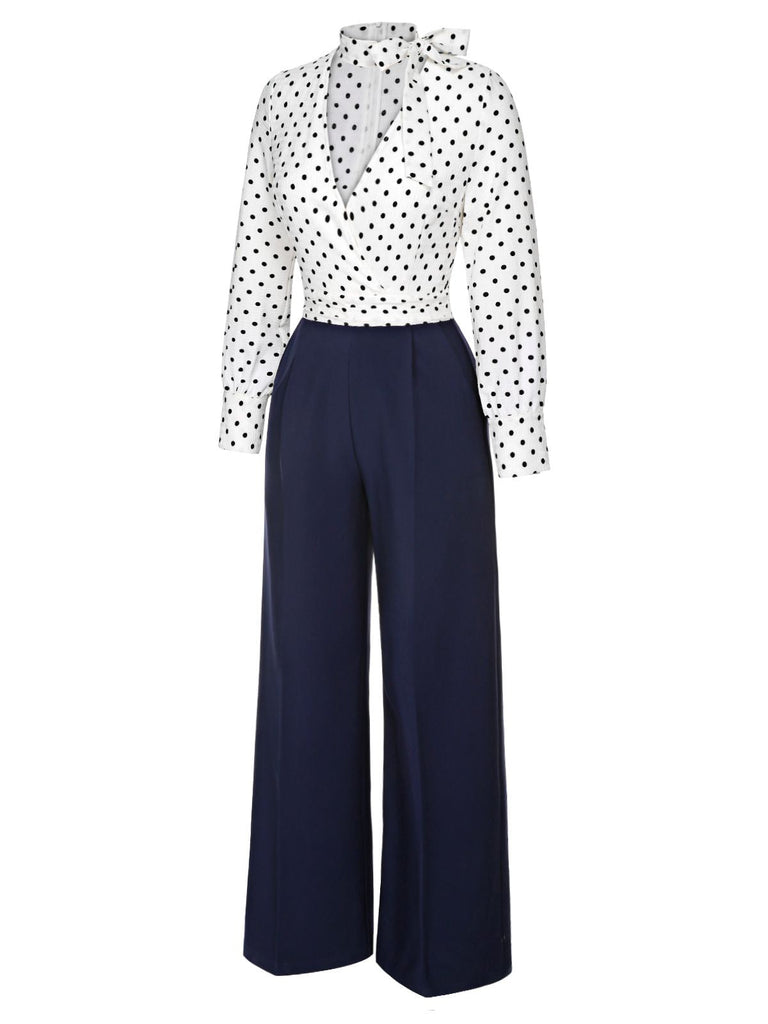 Blue & White 1930s Polka Dots Tie Neck Jumpsuit — 1930s style that transcends decades