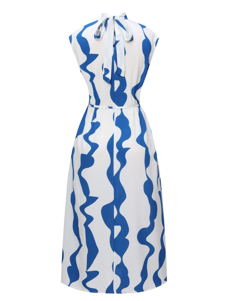 Blue & White 1940s Curves Stand Collar Belt Dress, vintage dress, retro fashion - perfect for women who love vintage and retro fashion