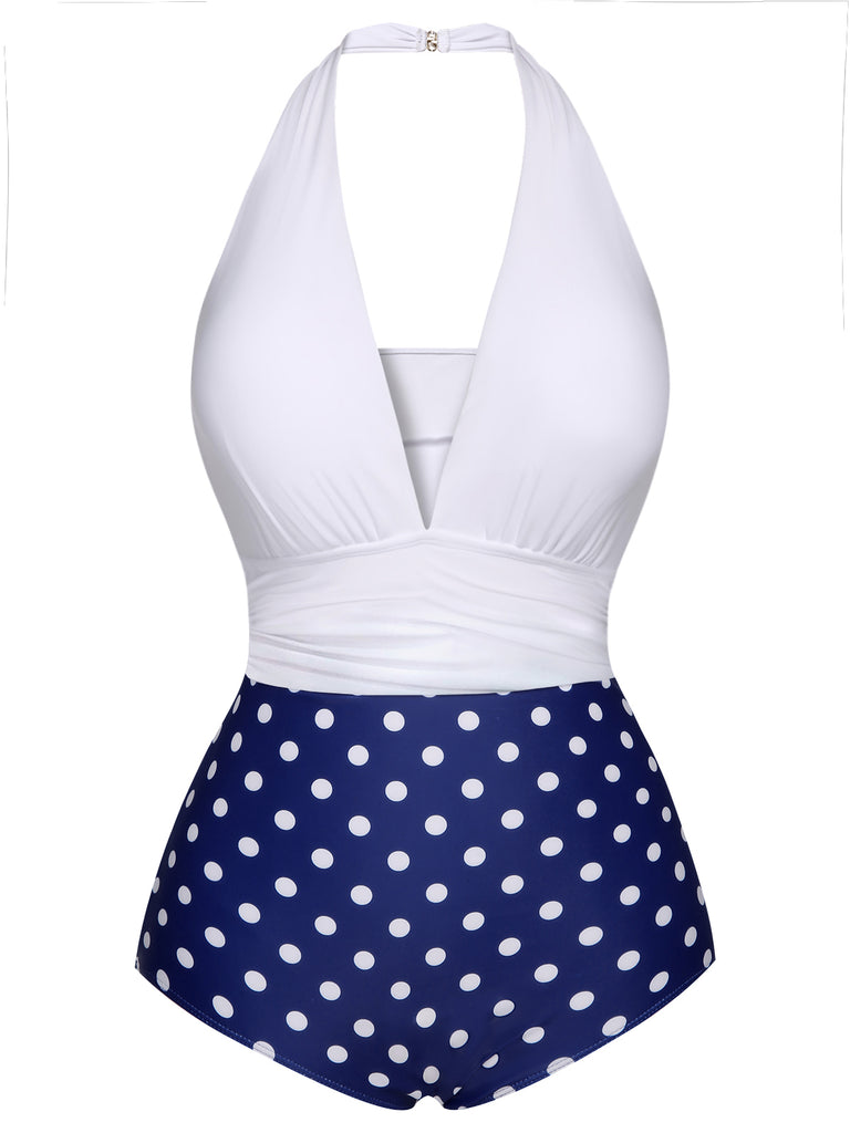 Blue & White 1950s Polka Dots Halter Swimsuit, vintage swimsuit, pin-up swimwear - perfect for women who love vintage and retro fashion