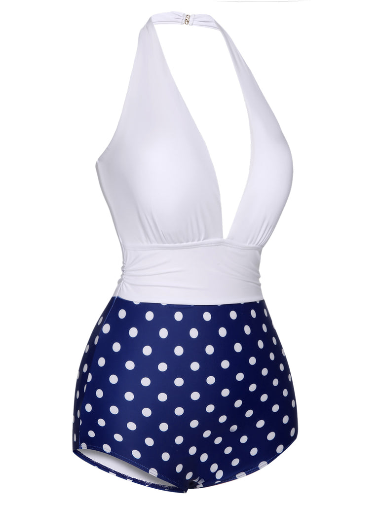 Blue & White 1950s Polka Dots Halter Swimsuit, vintage swimsuit, pin-up swimwear - perfect for women who love vintage and retro fashion