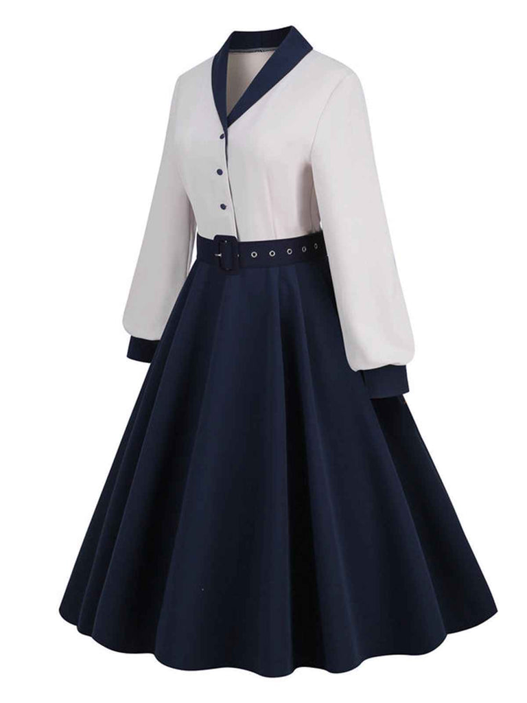 Blue & White 1950s Solid Patchwork Dress: timeless style reimagined