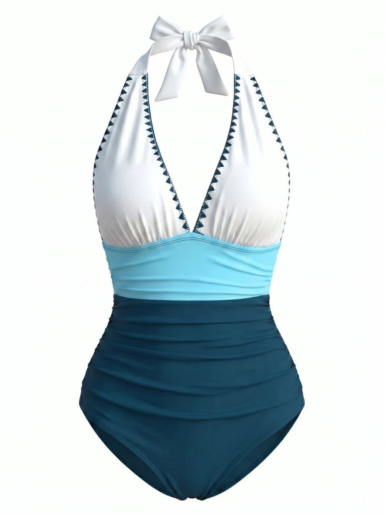 Blue & White 1950s Zigzag Embroidered V-Neck Swimsuit, vintage swimsuit, pin-up swimwear, retro beach style, women, elegant