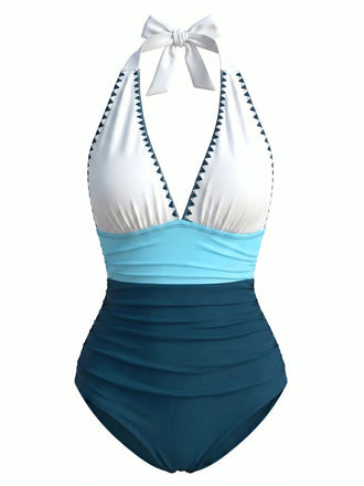 Blue & White 1950s Zigzag Embroidered V-Neck Swimsuit