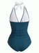 Blue & White 1950s Zigzag Embroidered V-Neck Swimsuit, vintage swimsuit, pin-up swimwear, retro beach style, women, elegant