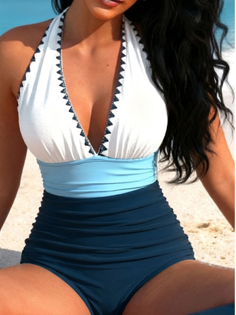 Blue & White 1950s Zigzag Embroidered V-Neck Swimsuit, vintage swimsuit, pin-up swimwear, retro beach style, women, elegant