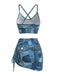 Blue Y2K Denim Patchwork Print Drawstring Bikini Set & Cover-up - vintage fashion, retro style