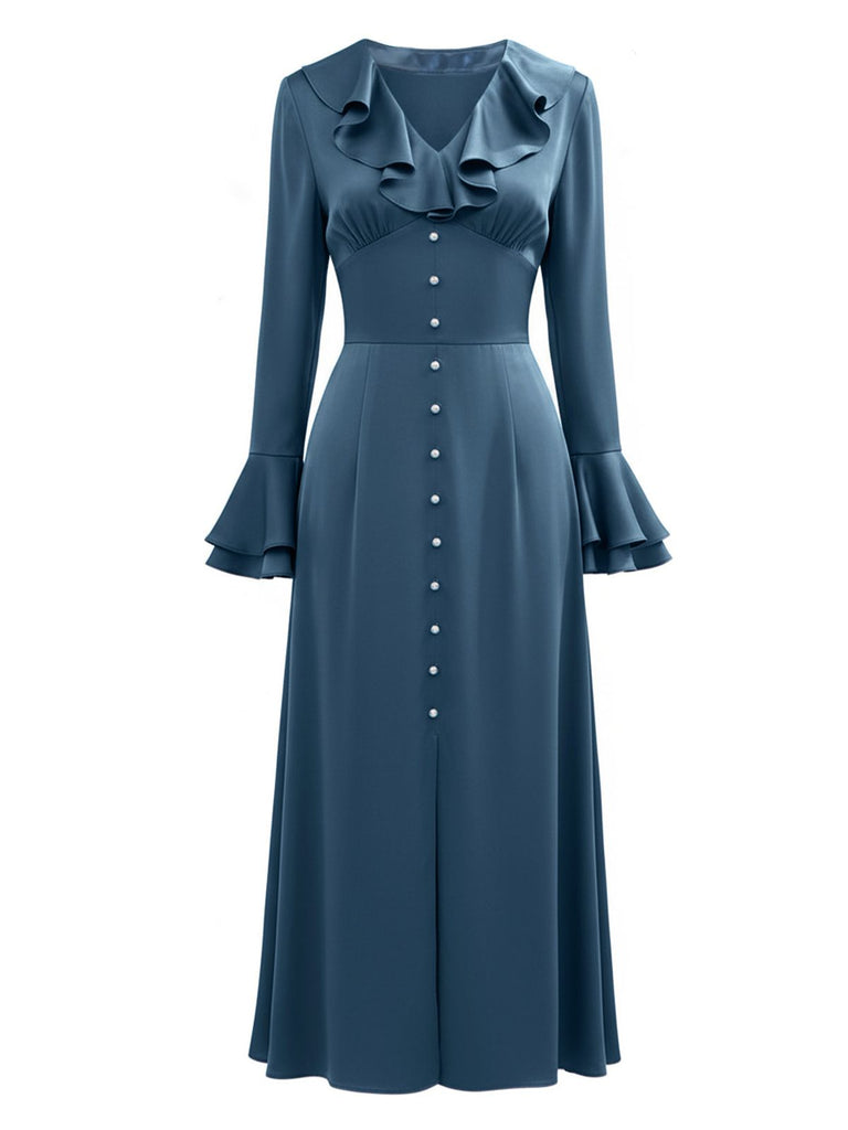 Blue-Gray 1940s Button Satin Split Dress - vintage dress, retro fashion