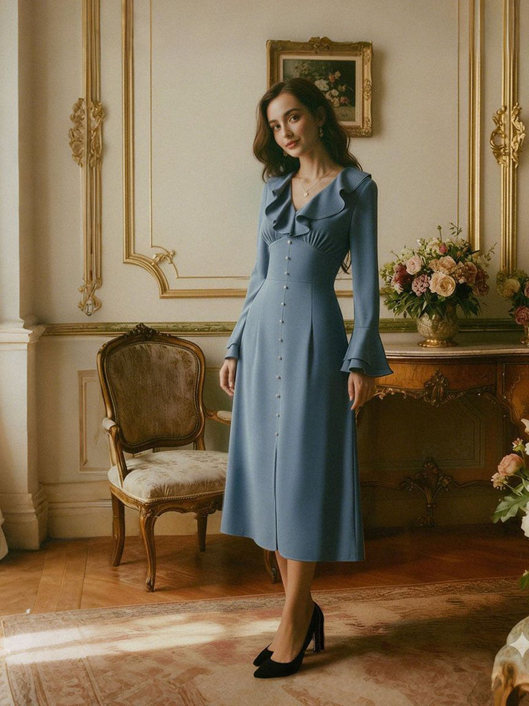 Blue-Gray 1940s Button Satin Split Dress - vintage dress, retro fashion
