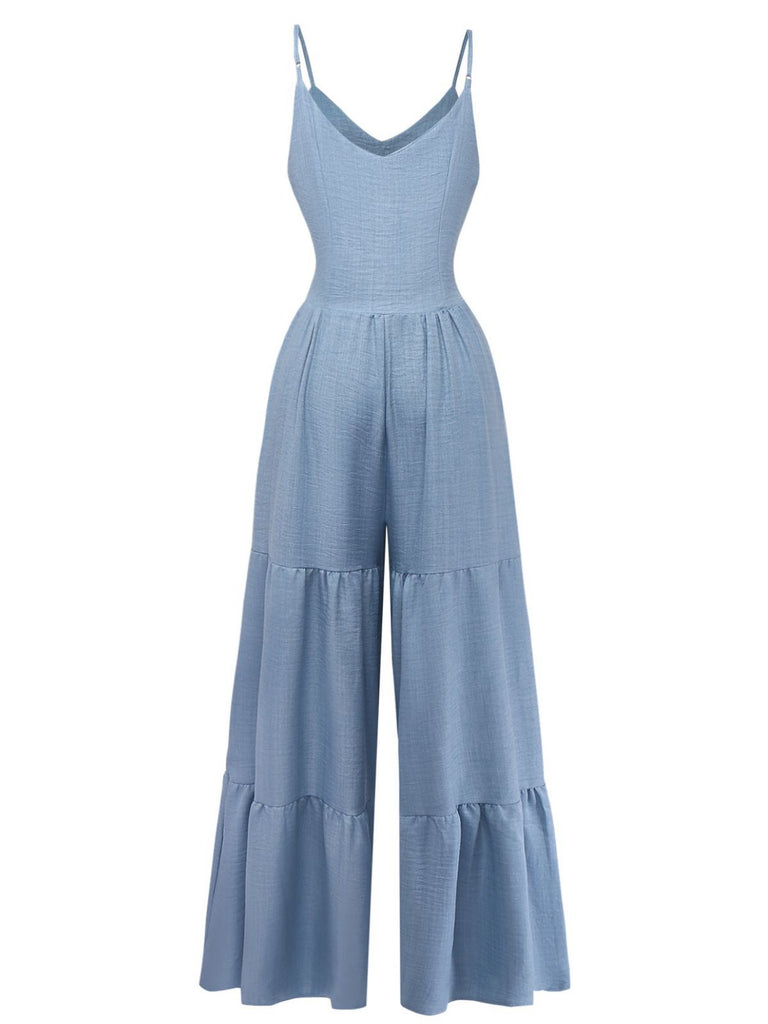 Blue 1930s Solid Deep V Tiered Ruched Jumpsuit back view