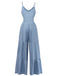 Blue 1930s Solid Deep V Tiered Ruched Jumpsuit back view