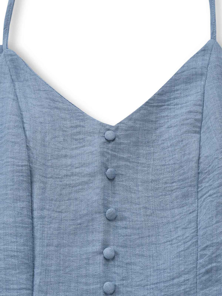 Blue 1930s Solid Deep V Tiered Ruched Jumpsuit chest