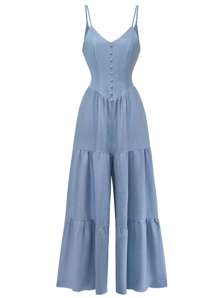 Blue 1930s Solid Deep V Tiered Ruched Jumpsuit front view