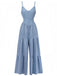 Blue 1930s Solid Deep V Tiered Ruched Jumpsuit front view