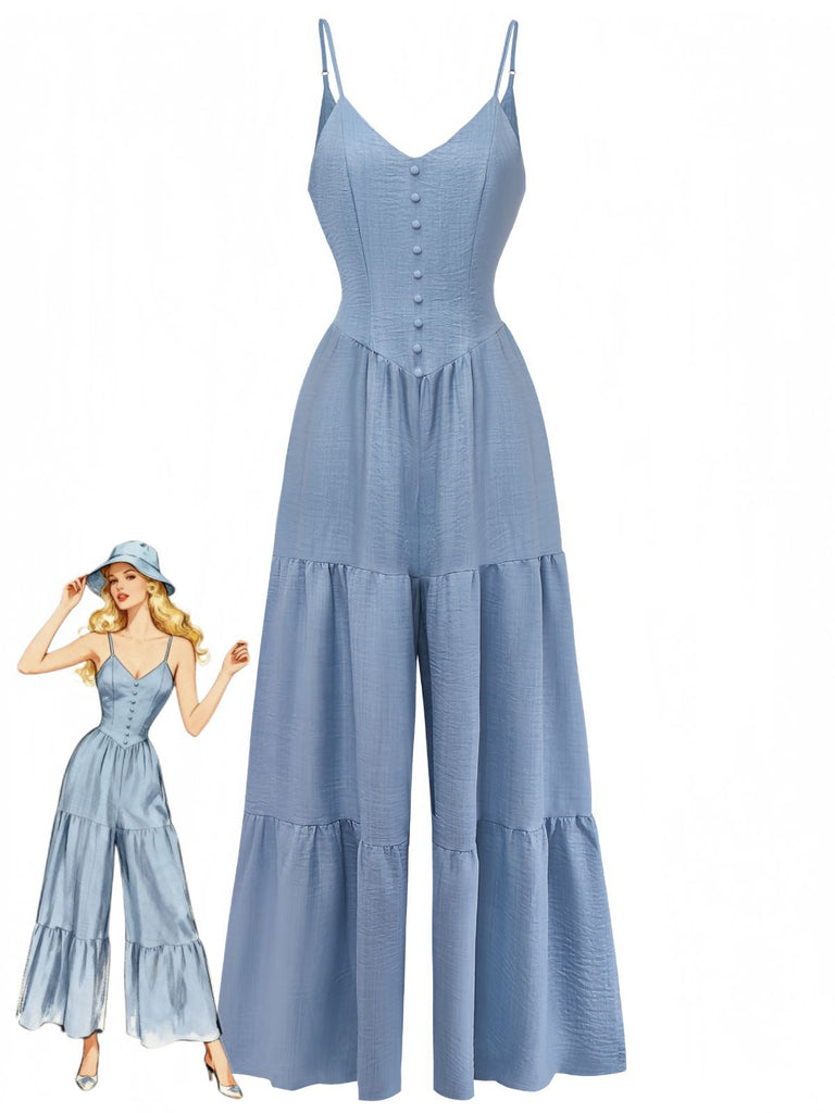Blue 1930s Solid Deep V Tiered Ruched Jumpsuit with model