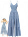 Blue 1930s Solid Deep V Tiered Ruched Jumpsuit with model