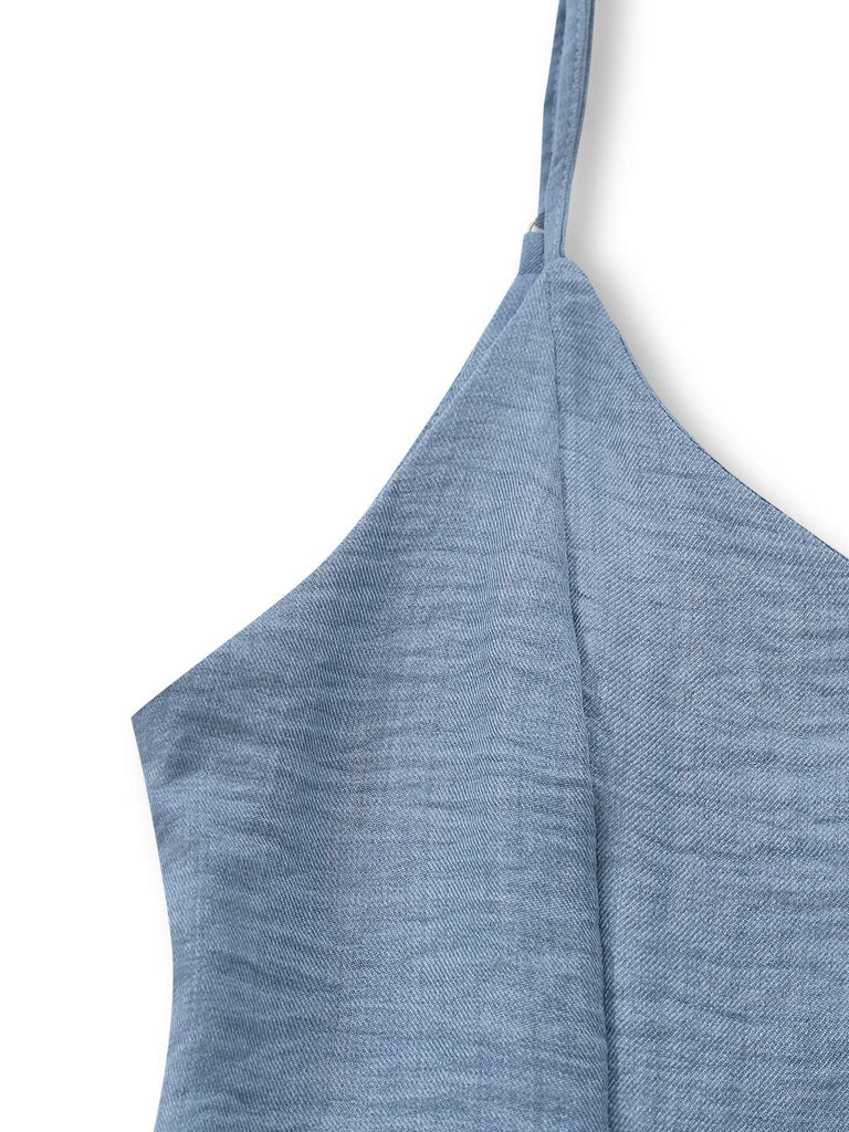 Blue 1930s Solid Deep V Tiered Ruched Jumpsuit strap