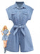 Blue denim romper with a belt on a white background