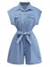 Blue denim romper with a belt on a white background