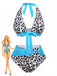 Leopard print bikini with blue accents and a Barbie doll wearing it on a white background