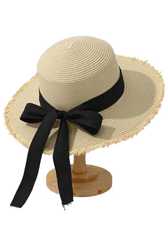 Bow Flat-Top Straw Wide-Brim Sun Hat - vintage fashion, retro style