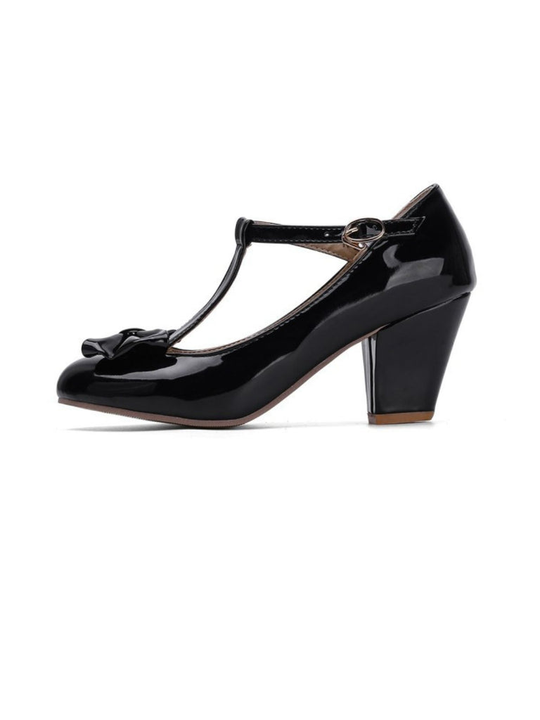 Bow Leather T-Strap Chunky Heel Shoes: timeless vintage elegance she makes her own