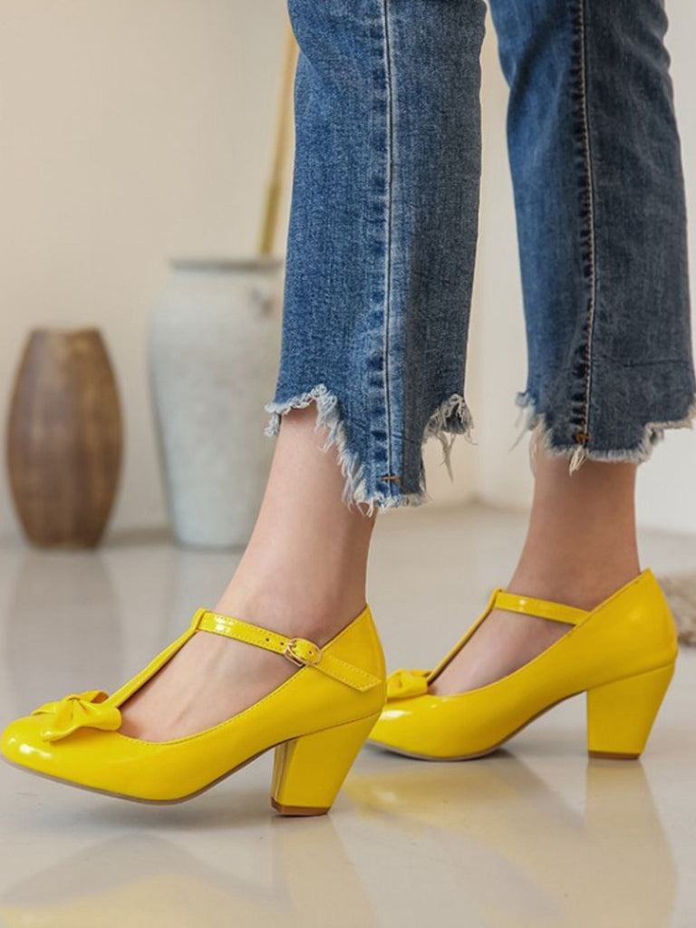 Bow Leather T-Strap Chunky Heel Shoes — vintage style that transcends decades
