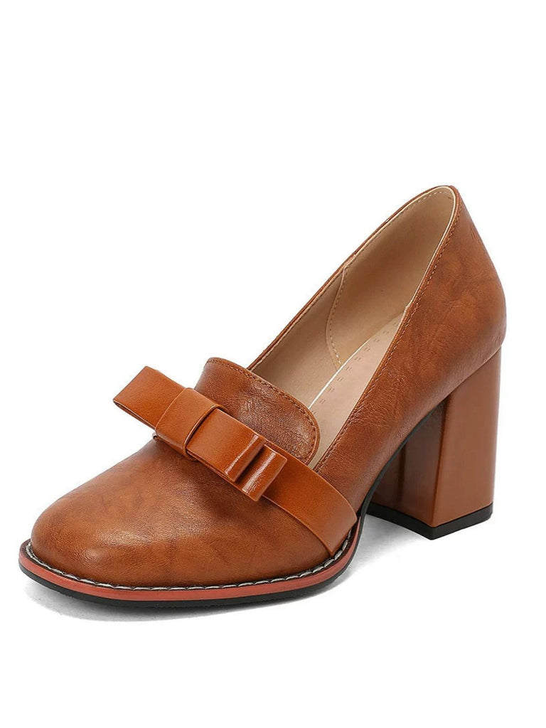 Bowknot Square-Toe Slip On Chunky Heels - vintage shoes, retro heels