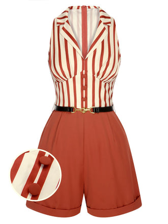 Brick Red 1940s Striped Lapel Romper, vintage romper, retro jumpsuit - perfect for women who love vintage and retro fashion