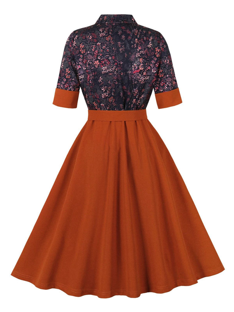 Brick Red 1950s Lapel Floral Patchwork Dress - vintage dress, retro fashion, rockabilly