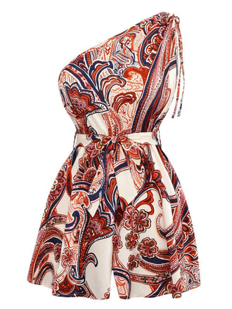 Brick Red 1970s One-Shoulder Bohemian Floral Romper - vintage jumpsuit, retro fashion, elegant red