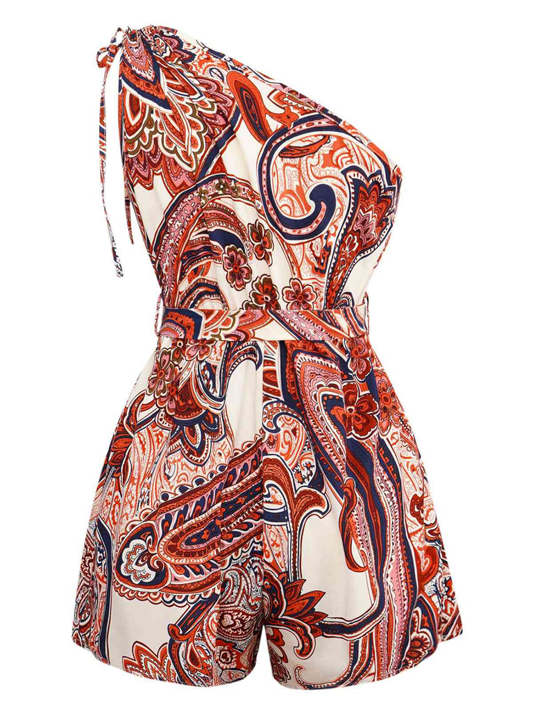 Brick Red 1970s One-Shoulder Bohemian Floral Romper - vintage jumpsuit, retro fashion, elegant red
