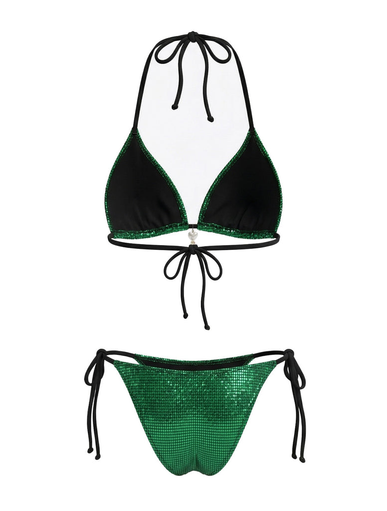 Bright Green 1980s Sequin Halter String Bikini Set - vintage fashion, retro style