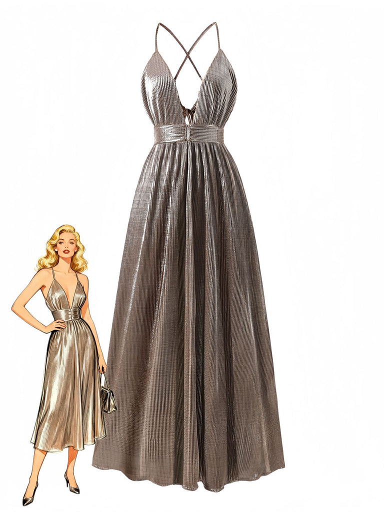 Brown 1930s Deep V Metallic Cut-Out Maxi Dress - vintage dress, retro fashion, elegant style for vintage lovers