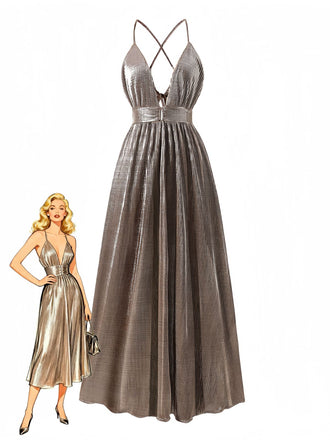 Brown 1930s Deep V Metallic Cut-Out Maxi Dress - vintage dress, retro fashion, elegant style for vintage lovers